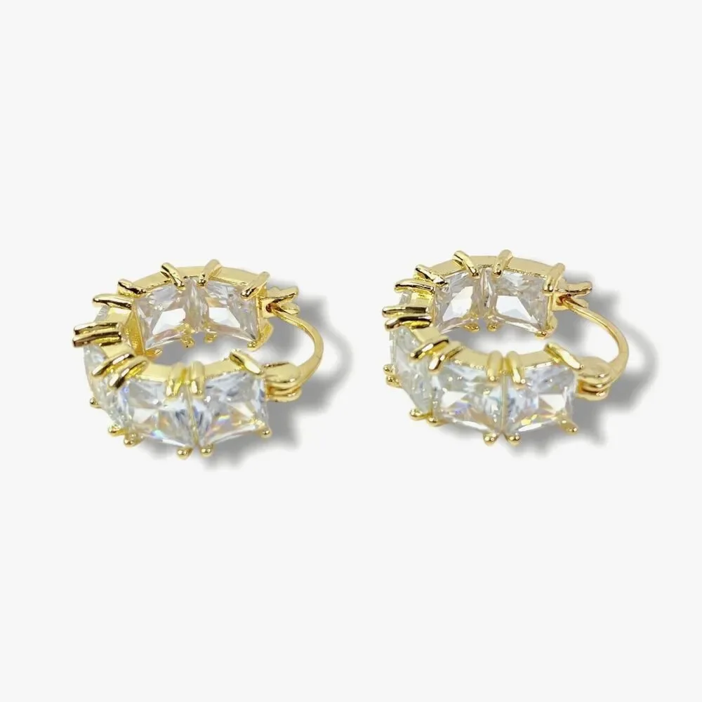 Square Crystal Hoop Earrings Gold Tone Sparkle Evening Elegant Formal Black Tie